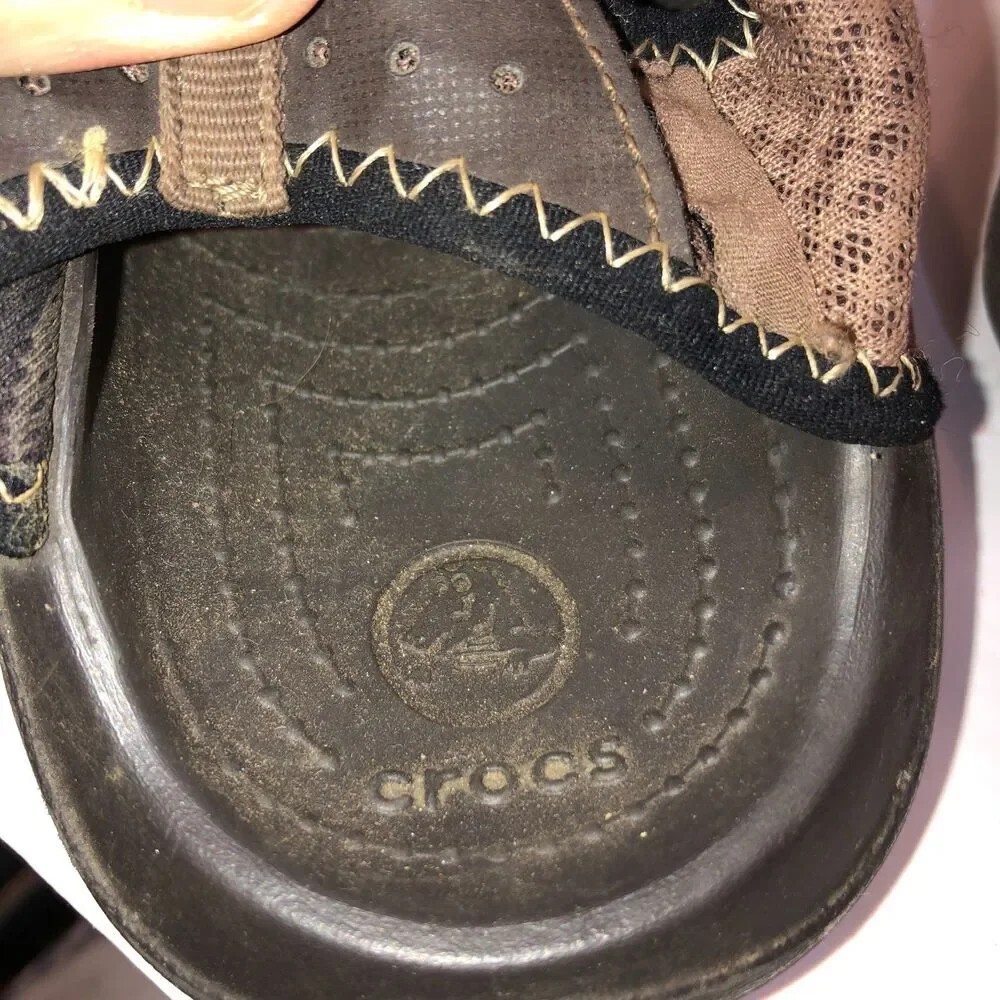 Crocs Mens Size 10 Brown Black Swiftwater Fisherman Mesh Deck Sandals Shoes